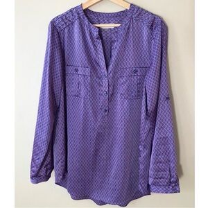 Calvin Klein • L • Purple Long Roll Tab Sleeve Half Button Up V Neck Blouse